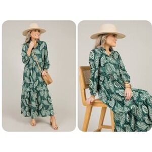 Zara Green White Leaf Print Midi Maxi Long Sleeve Shirt Dress Sz XS 100% Cotton